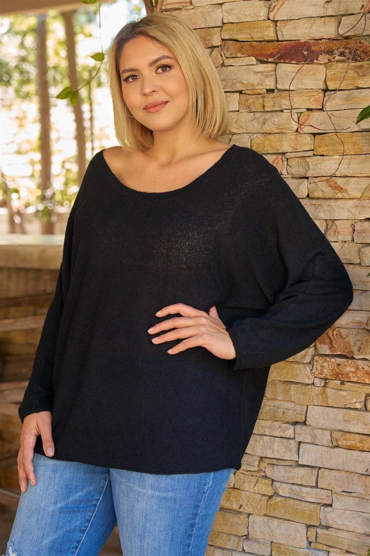 Junior Plus Black Boat Neckline Wide Long Sleeve Relaxed Fit Knit Top /3-2-1 - Tasha Apparel Wholesale