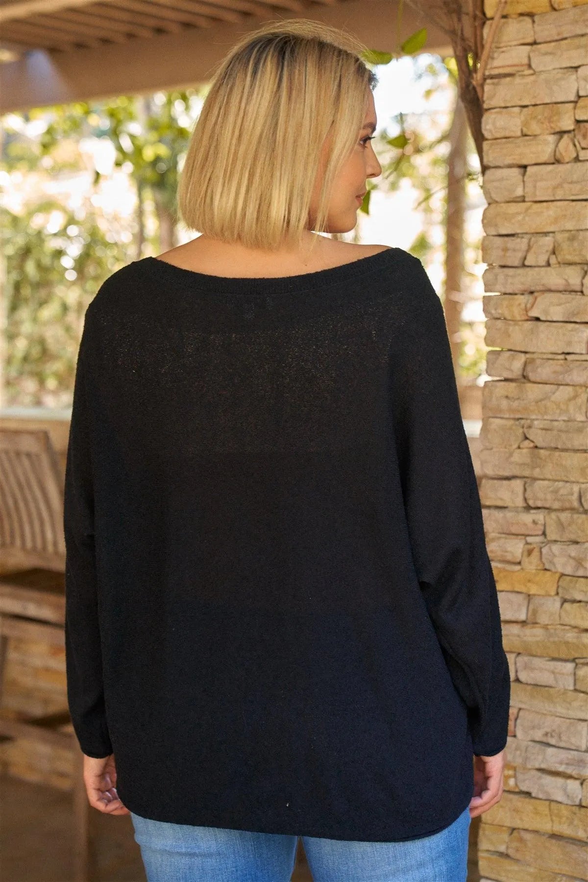 Junior Plus Black Boat Neckline Wide Long Sleeve Relaxed Fit Knit Top /3-2-1 - Tasha Apparel Wholesale