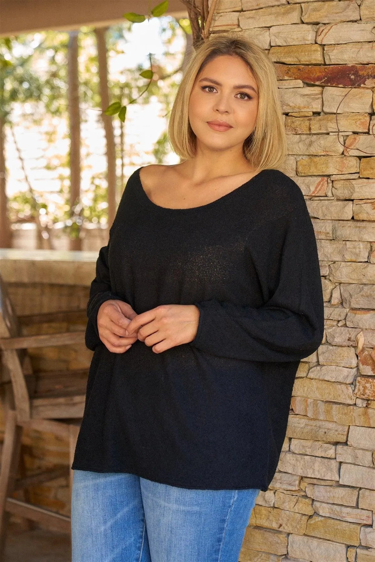 Junior Plus Black Boat Neckline Wide Long Sleeve Relaxed Fit Knit Top /3-2-1 - Tasha Apparel Wholesale