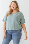 Junior Plus Ash Green Short Sleeve Crew Neck Fringe Trim Detail Top /4-2-1 - Tasha Apparel Wholesale