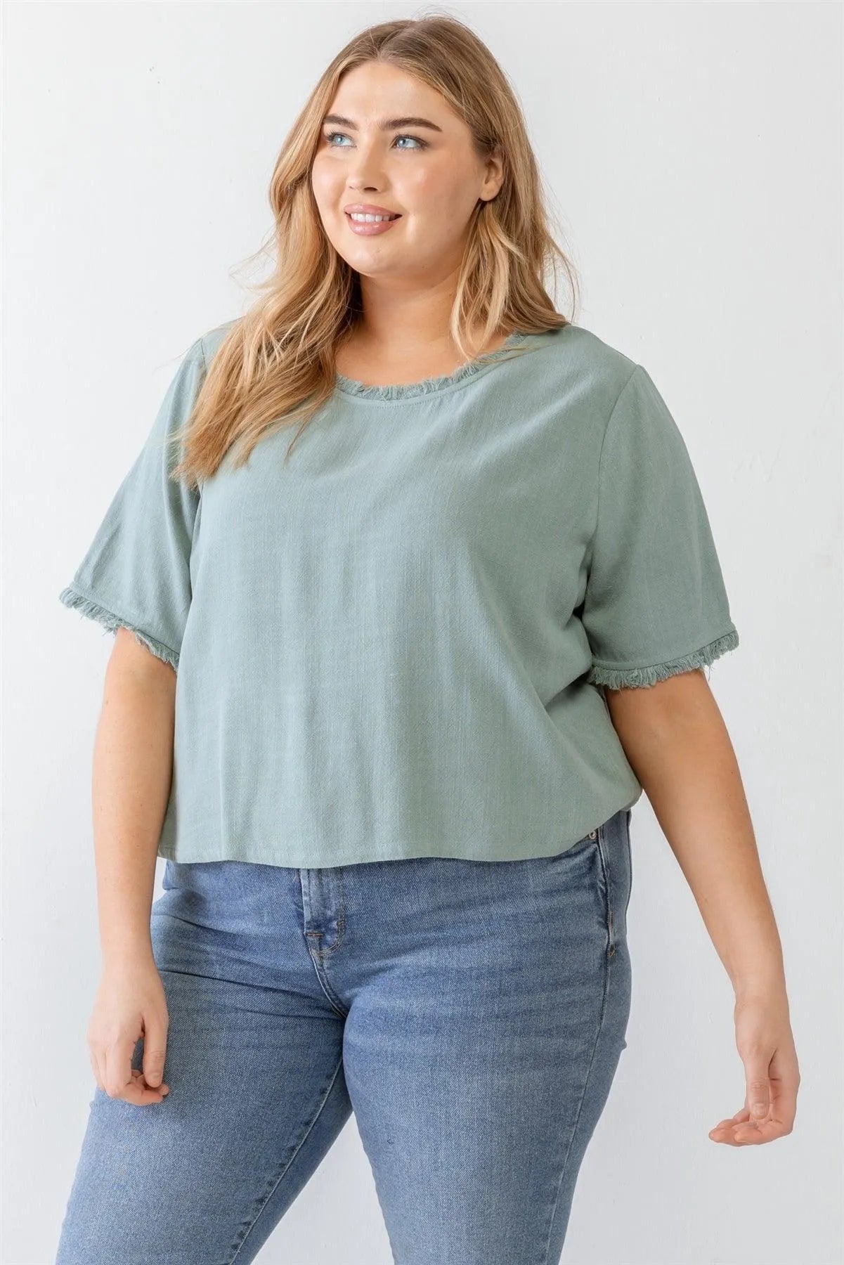 Junior Plus Ash Green Short Sleeve Crew Neck Fringe Trim Detail Top /4-2-1 - Tasha Apparel Wholesale