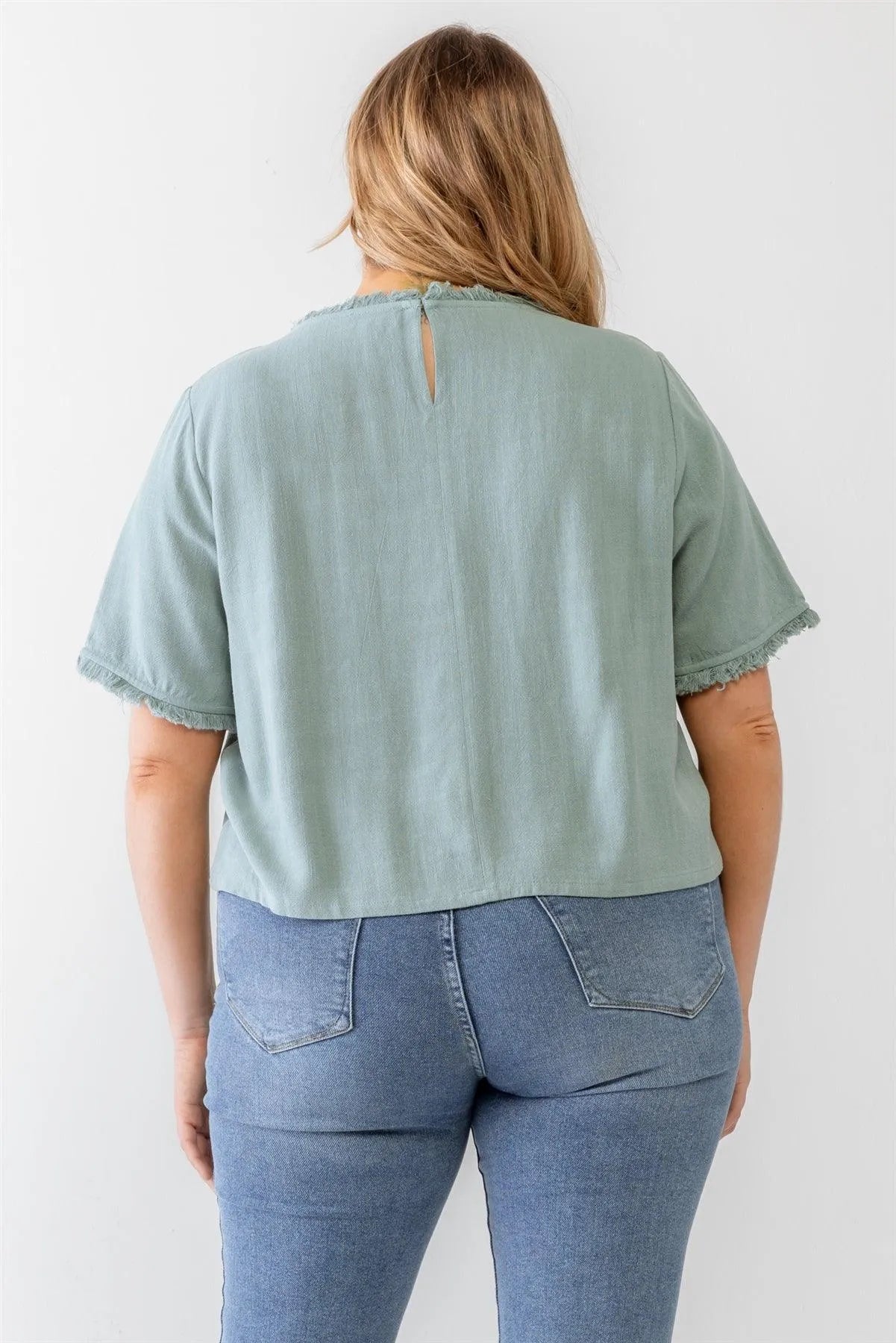 Junior Plus Ash Green Short Sleeve Crew Neck Fringe Trim Detail Top /4-2-1 - Tasha Apparel Wholesale