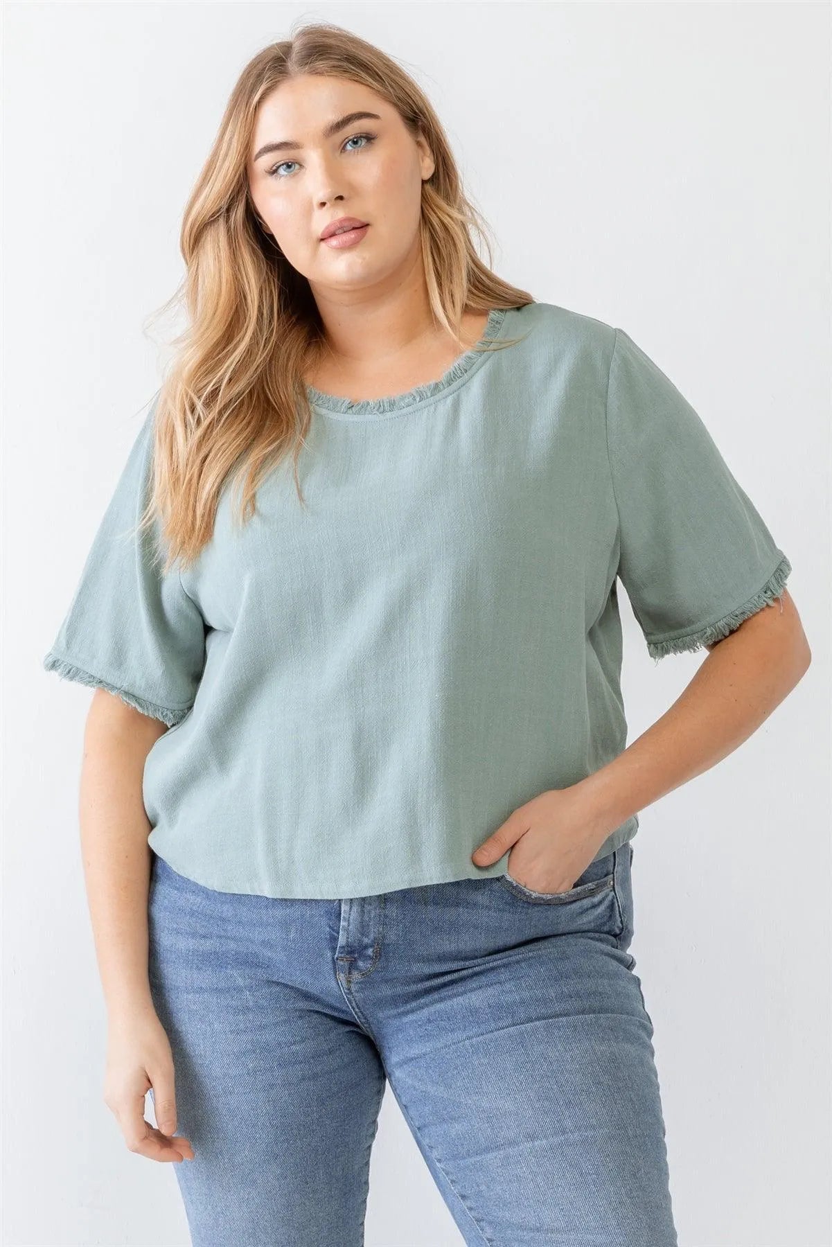 Junior Plus Ash Green Short Sleeve Crew Neck Fringe Trim Detail Top /4-2-1 - Tasha Apparel Wholesale