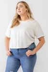 Junior Plus Off-White Short Sleeve Crew Neck Fringe Trim Detail Top /2-2-1 - Tasha Apparel Wholesale