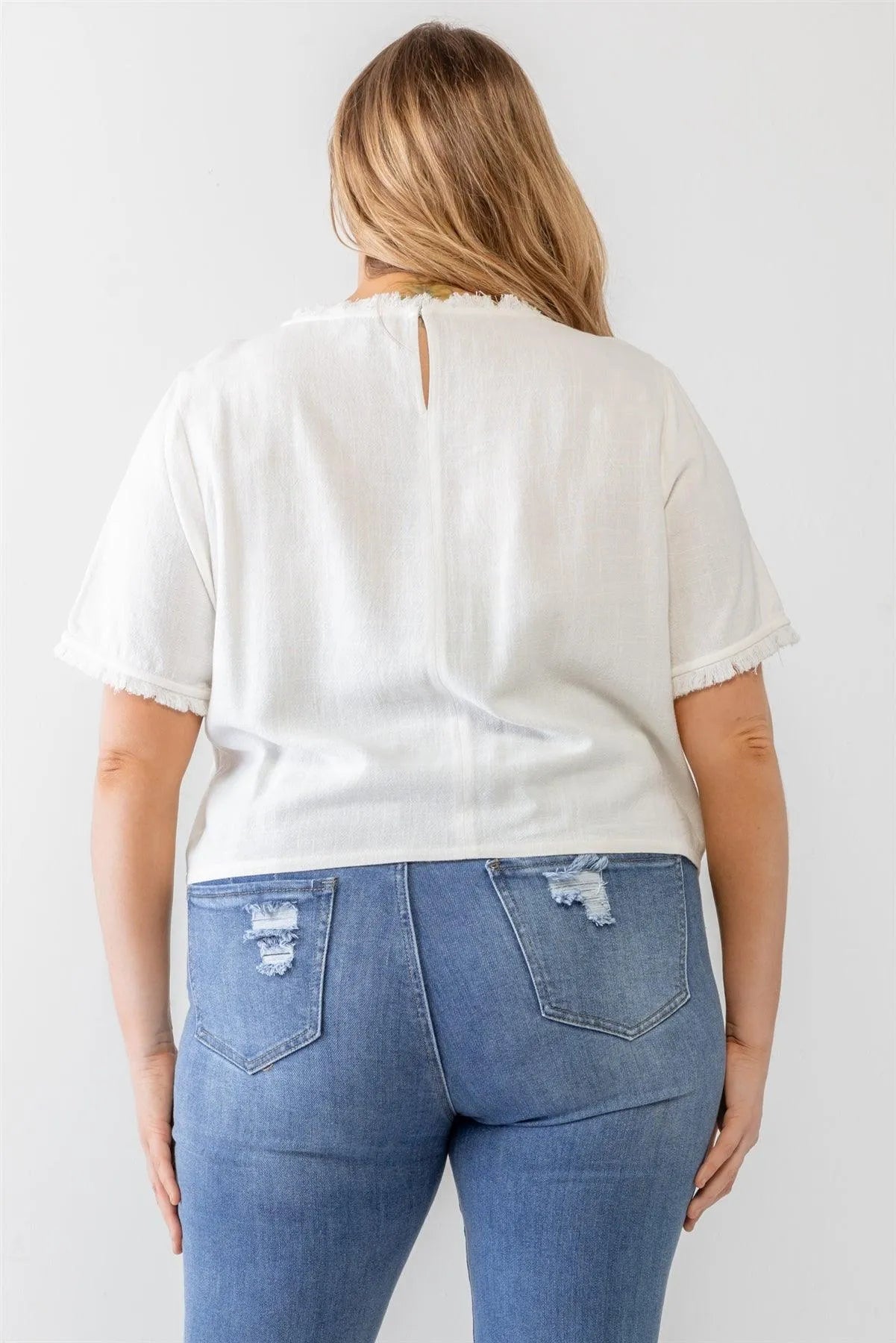 Junior Plus Off-White Short Sleeve Crew Neck Fringe Trim Detail Top /2-2-1 - Tasha Apparel Wholesale