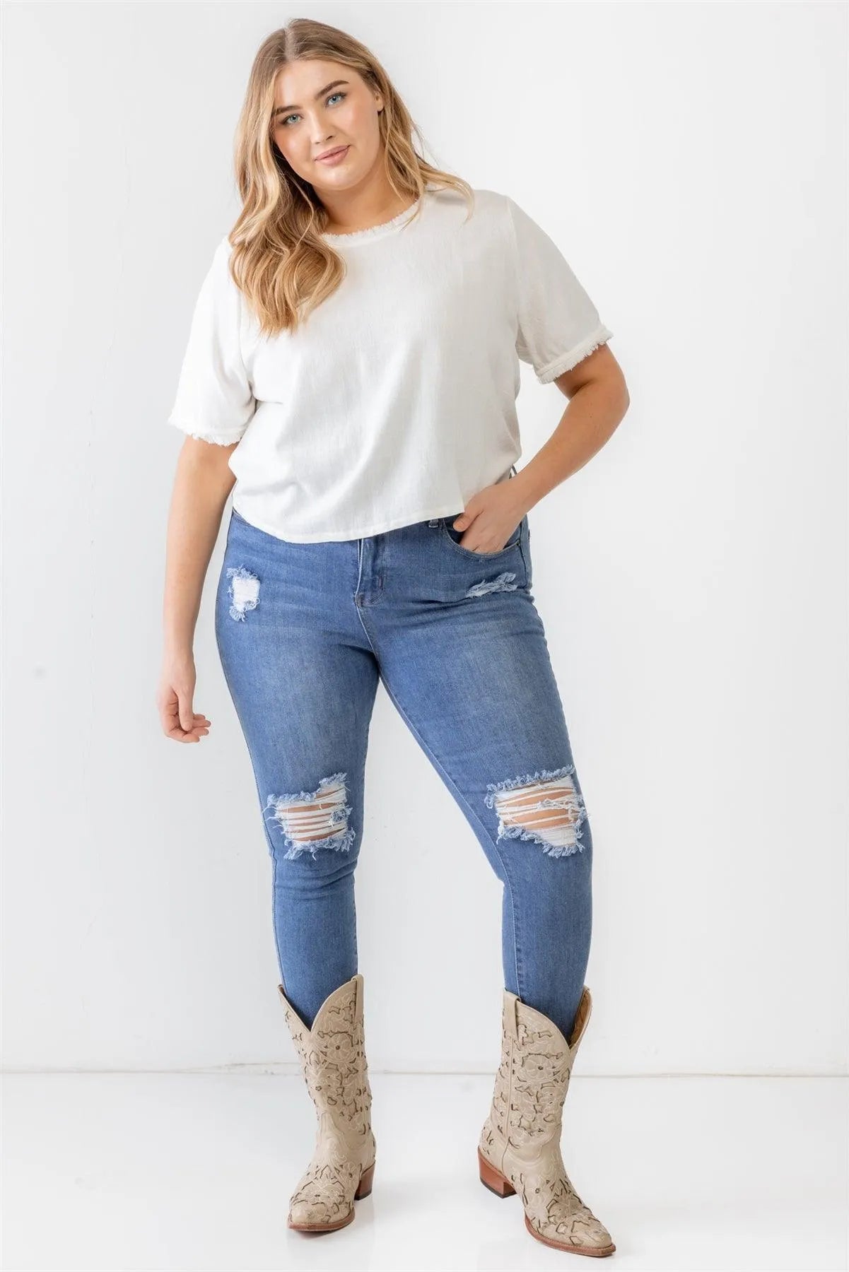 Junior Plus Off-White Short Sleeve Crew Neck Fringe Trim Detail Top /2-2-1 - Tasha Apparel Wholesale