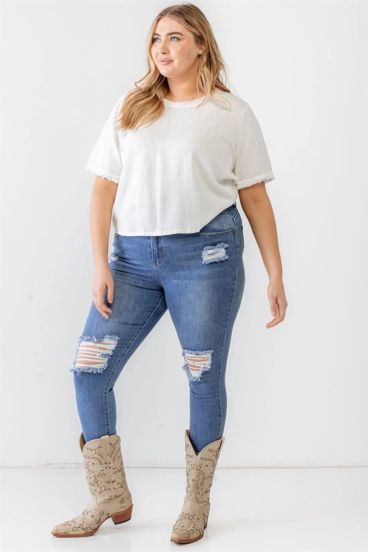 Junior Plus Off-White Short Sleeve Crew Neck Fringe Trim Detail Top /2-2-1 - Tasha Apparel Wholesale