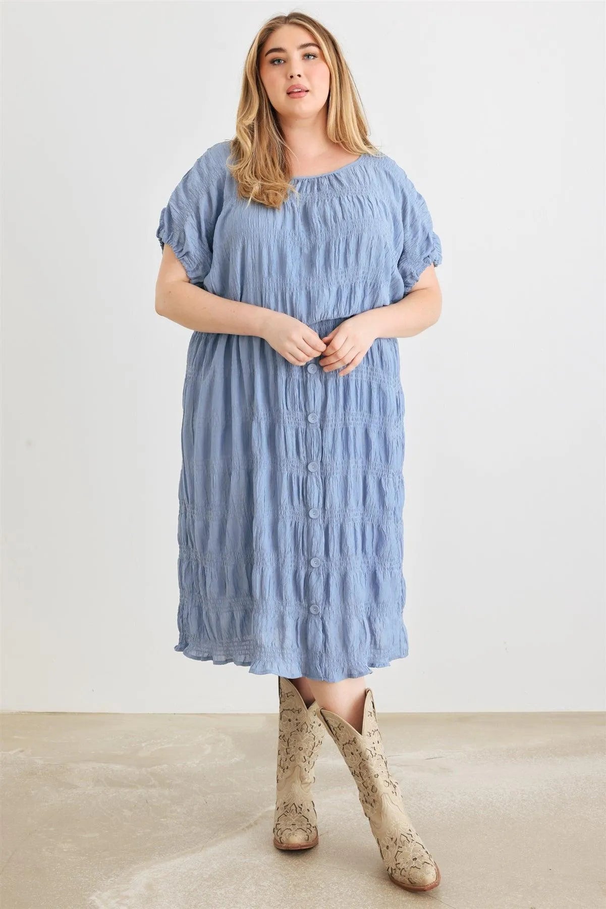 Junior Plus Denim Blue Plisse Smocked Dolman Sleeve Top & High Waist Button Midi Skirt Set /3-2-1 - Tasha Apparel Wholesale