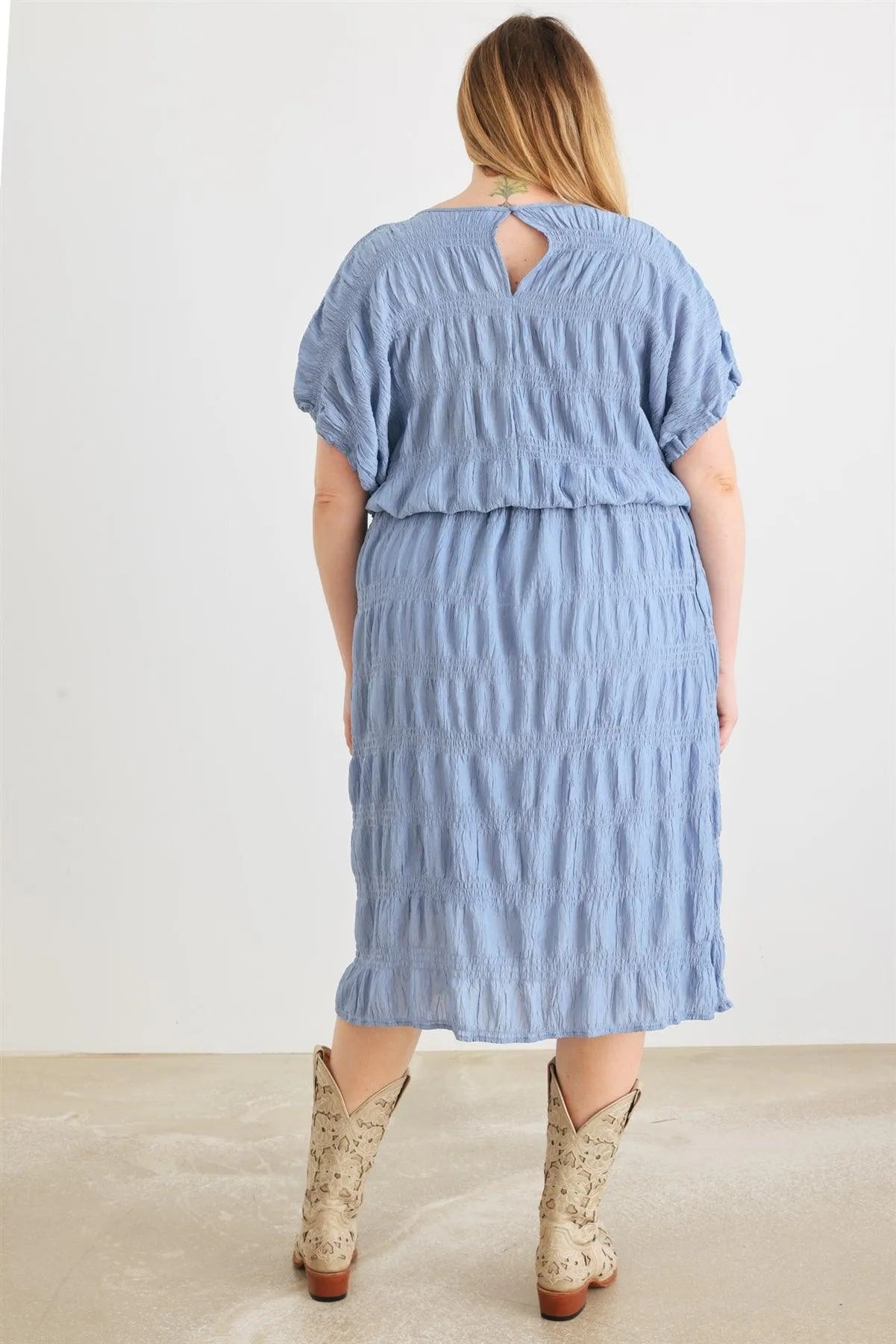 Junior Plus Denim Blue Plisse Smocked Dolman Sleeve Top & High Waist Button Midi Skirt Set /3-2-1 - Tasha Apparel Wholesale