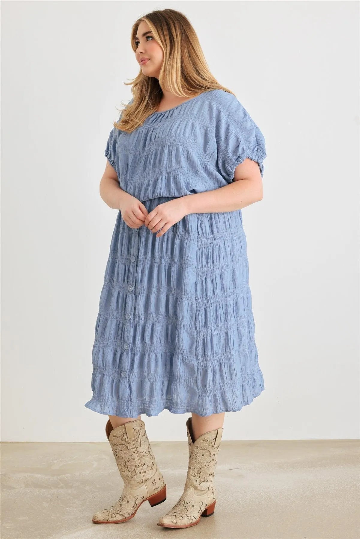 Junior Plus Denim Blue Plisse Smocked Dolman Sleeve Top & High Waist Button Midi Skirt Set /3-2-1 - Tasha Apparel Wholesale