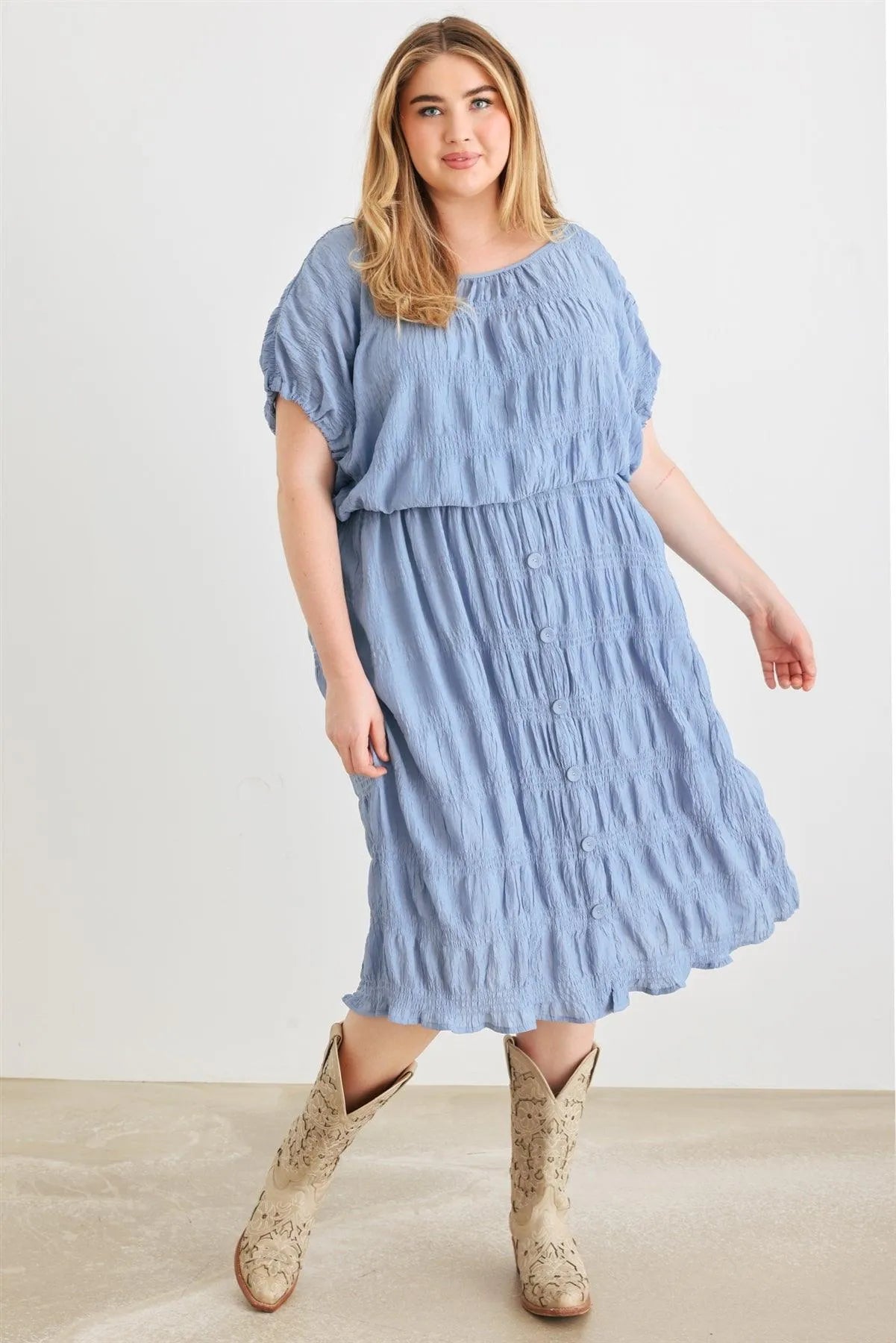 Junior Plus Denim Blue Plisse Smocked Dolman Sleeve Top & High Waist Button Midi Skirt Set /3-2-1 - Tasha Apparel Wholesale