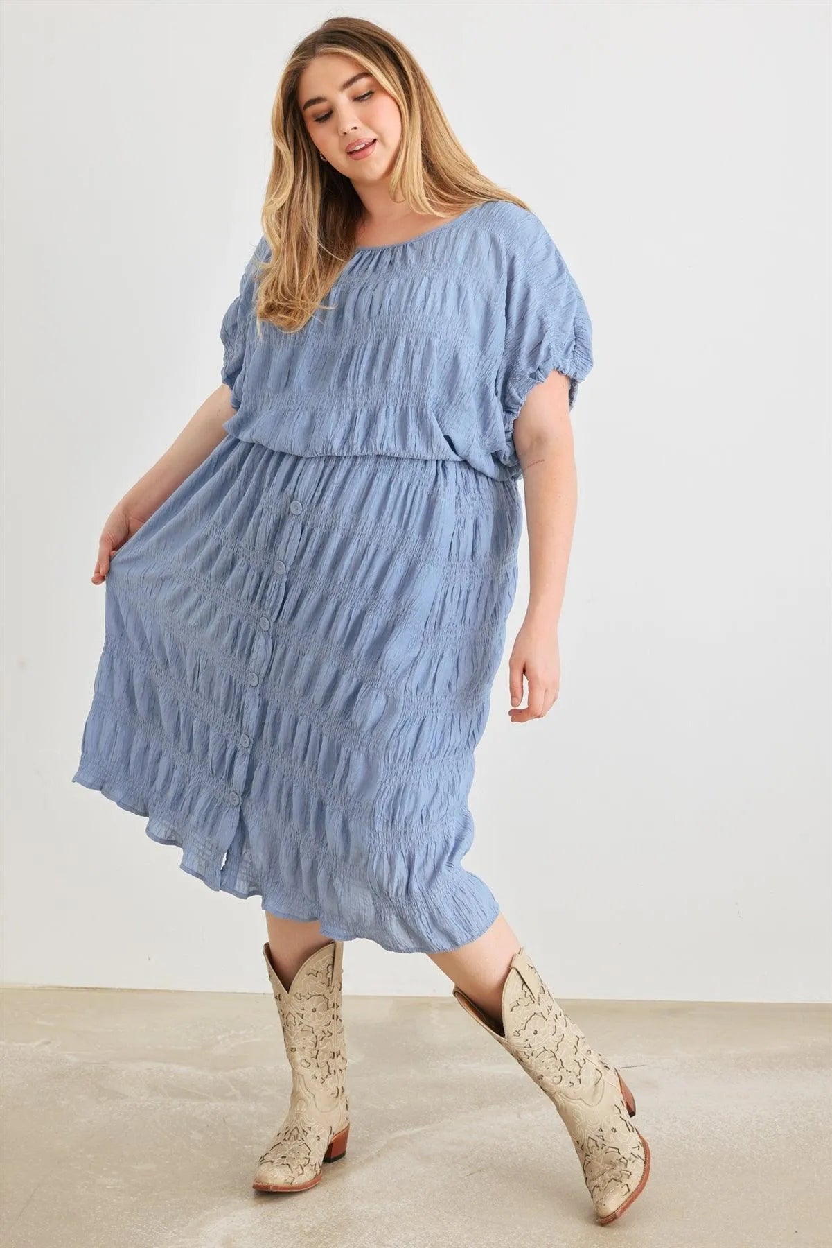 Junior Plus Denim Blue Plisse Smocked Dolman Sleeve Top & High Waist Button Midi Skirt Set /3-2-1 - Tasha Apparel Wholesale