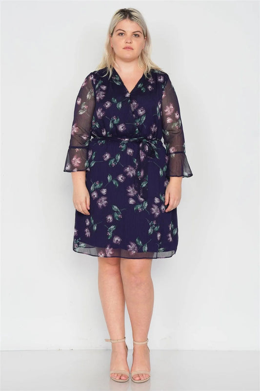 Junior Plus Size Navy Sheer Floral Print Casual V-Neck Mini Dress /2-2-2 - Tasha Apparel Wholesale