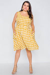 Yellow Scoop Neck Side Pockets Checkered Gingham Midi Dress /1-2-2-1