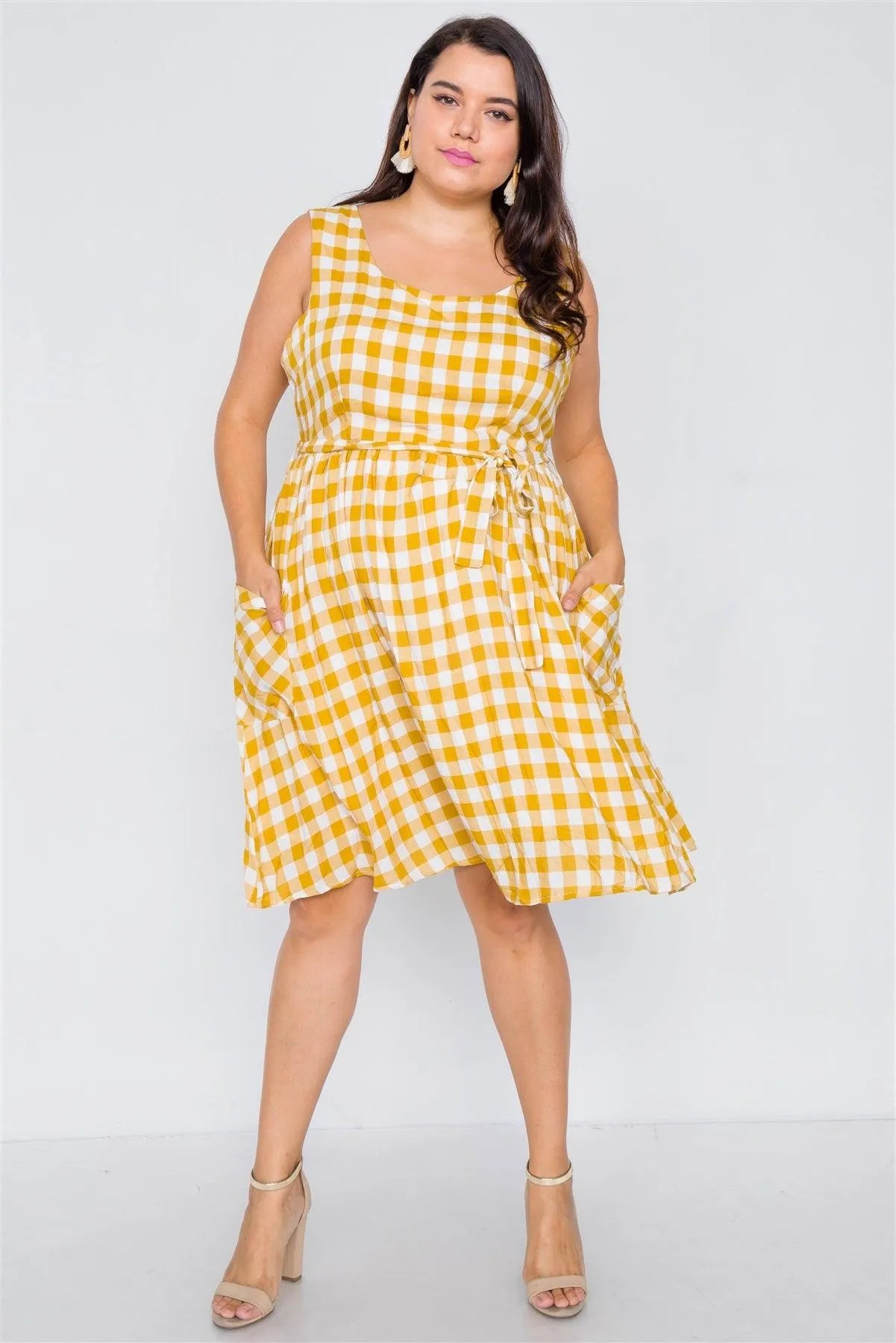 Yellow Scoop Neck Side Pockets Checkered Gingham Midi Dress /1-2-2-1 - Tasha Apparel Wholesale