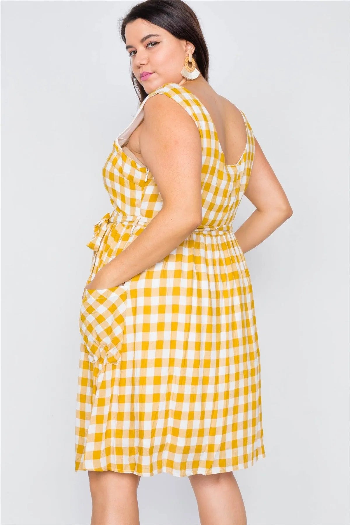 Yellow Scoop Neck Side Pockets Checkered Gingham Midi Dress /1-2-2-1 - Tasha Apparel Wholesale