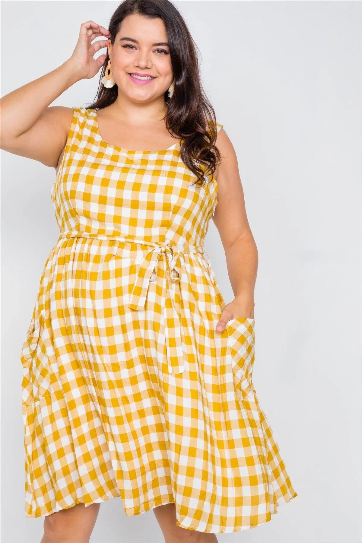 Yellow Scoop Neck Side Pockets Checkered Gingham Midi Dress /1-2-2-1 - Tasha Apparel Wholesale