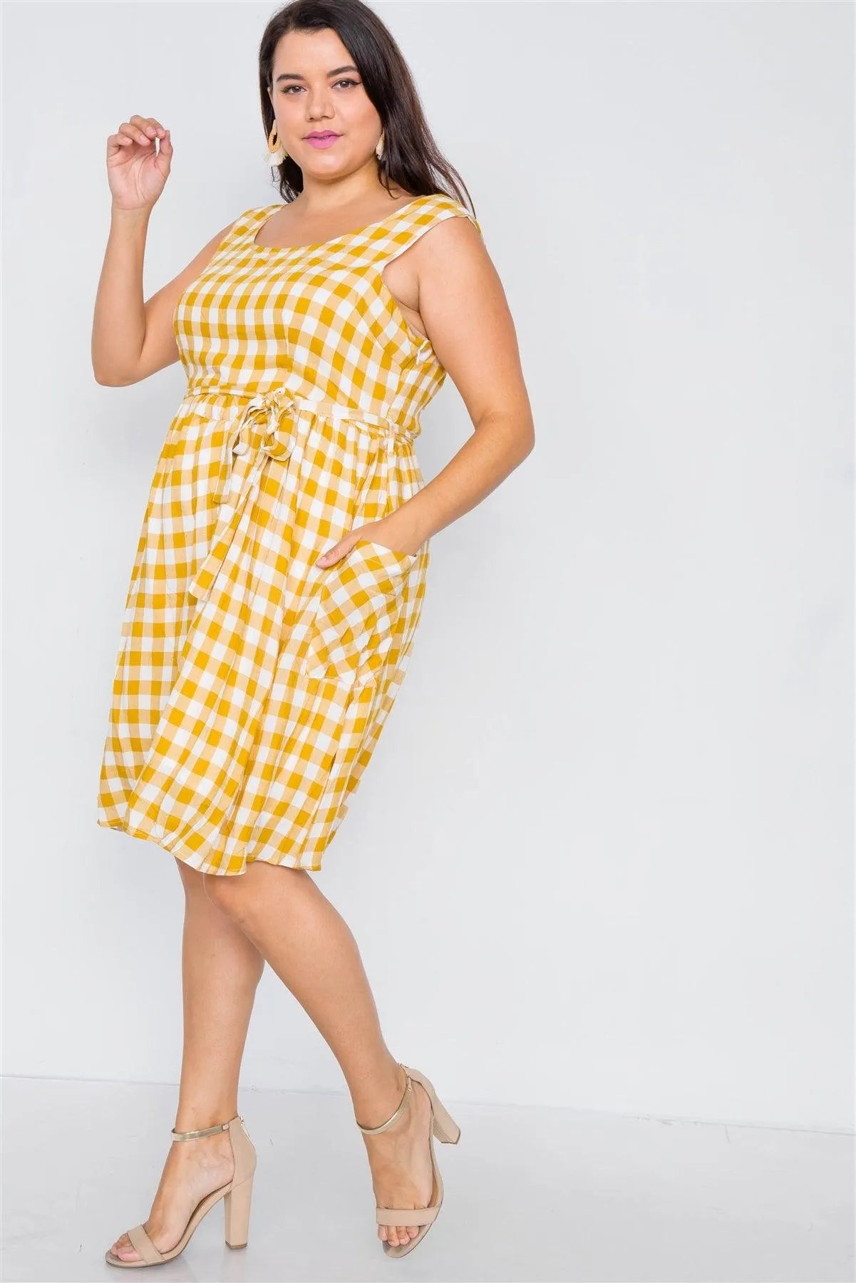 Yellow Scoop Neck Side Pockets Checkered Gingham Midi Dress /1-2-2-1 - Tasha Apparel Wholesale