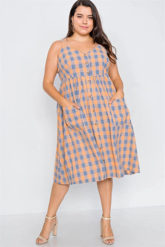 Junior Plus Size Orange Plaid V-Neck Midi Dress /1-1-2-1 - Tasha Apparel Wholesale
