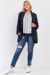 Junior Plus Navy Brocade Open Front Rolled Up Long Sleeve Side Pocket Blazer /1-2-1-1 - Tasha Apparel Wholesale