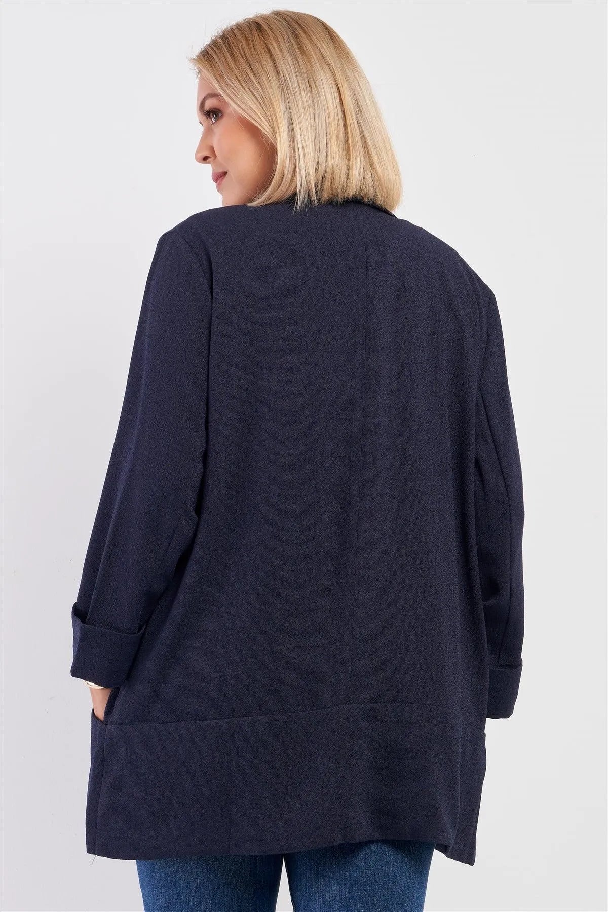 Junior Plus Navy Brocade Open Front Rolled Up Long Sleeve Side Pocket Blazer /1-2-1-1 - Tasha Apparel Wholesale