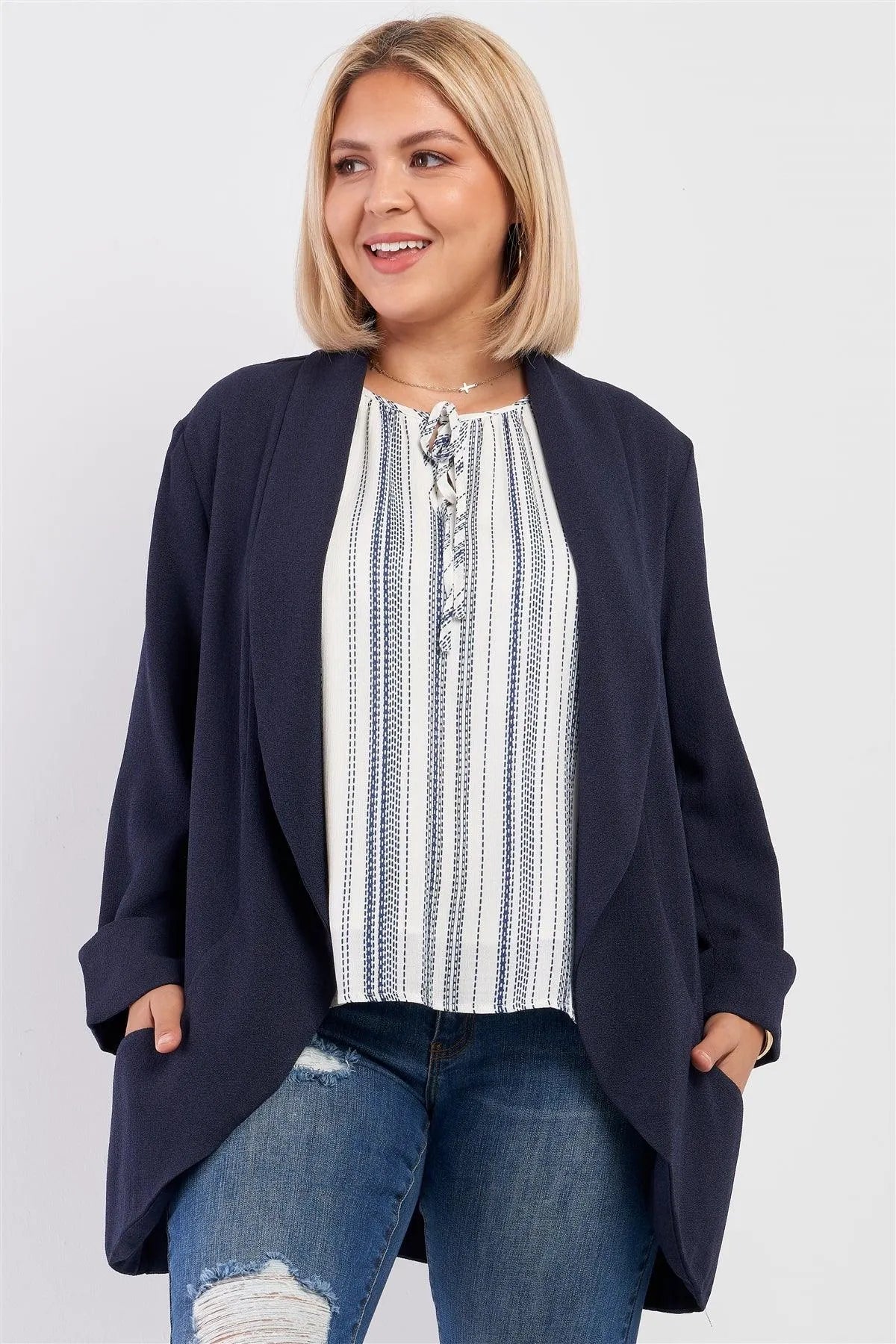 Junior Plus Navy Brocade Open Front Rolled Up Long Sleeve Side Pocket Blazer /1-2-1-1 - Tasha Apparel Wholesale