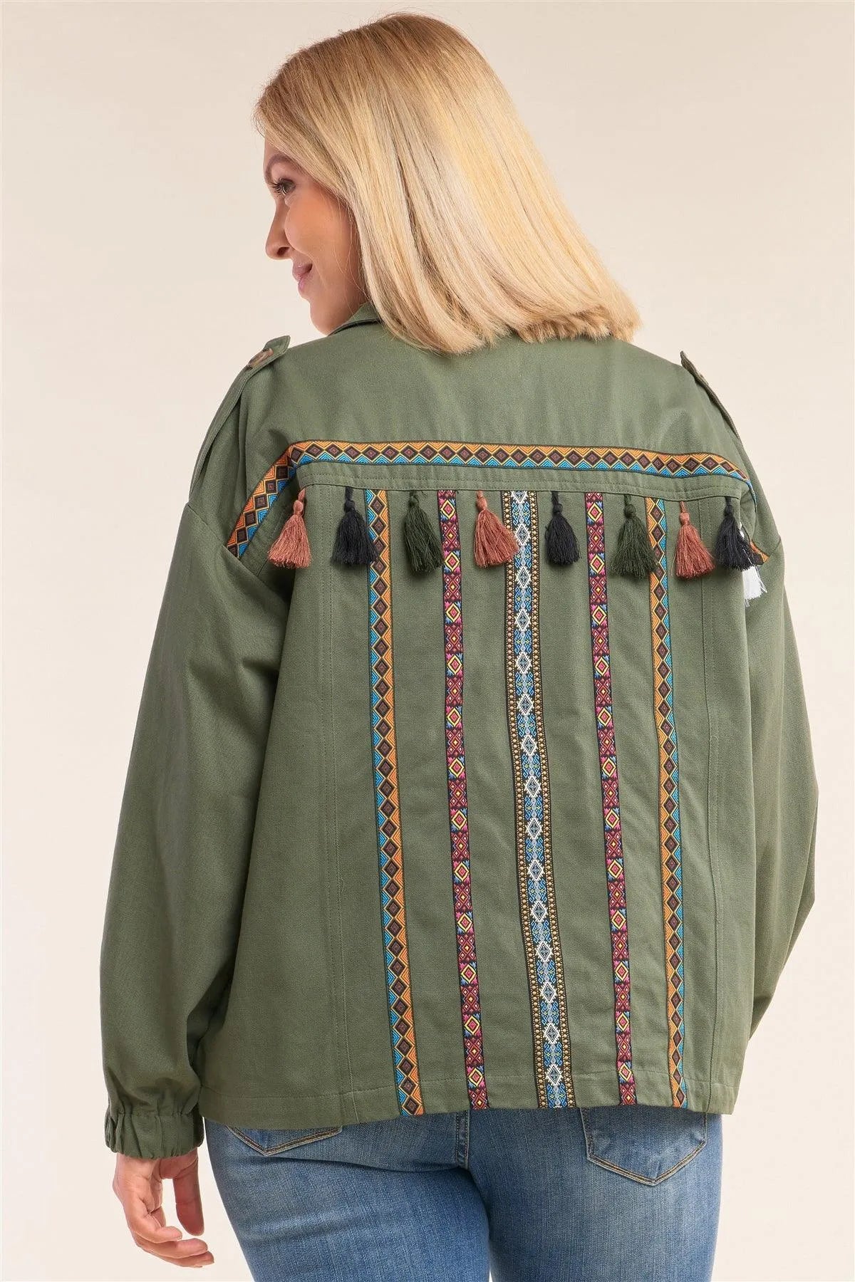 Junior Plus Size Olive Long Sleeve Tassel And Aztec Embroidery Back Trim Utility Jacket /2-2-1 - Tasha Apparel Wholesale