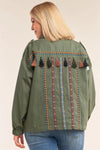 Junior Plus Size Olive Long Sleeve Tassel And Aztec Embroidery Back Trim Utility Jacket /1-2-2-1 - Tasha Apparel Wholesale