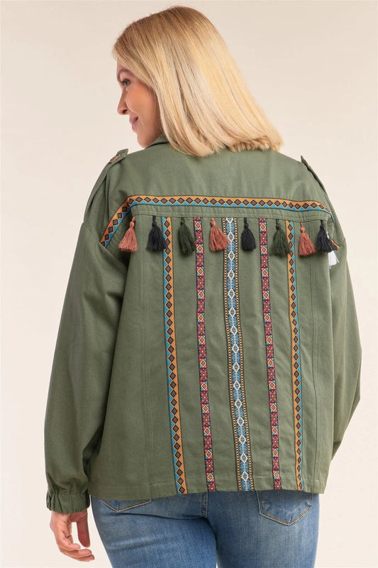 Junior Plus Size Olive Long Sleeve Tassel And Aztec Embroidery Back Trim Utility Jacket /1-2-2-1 - Tasha Apparel Wholesale