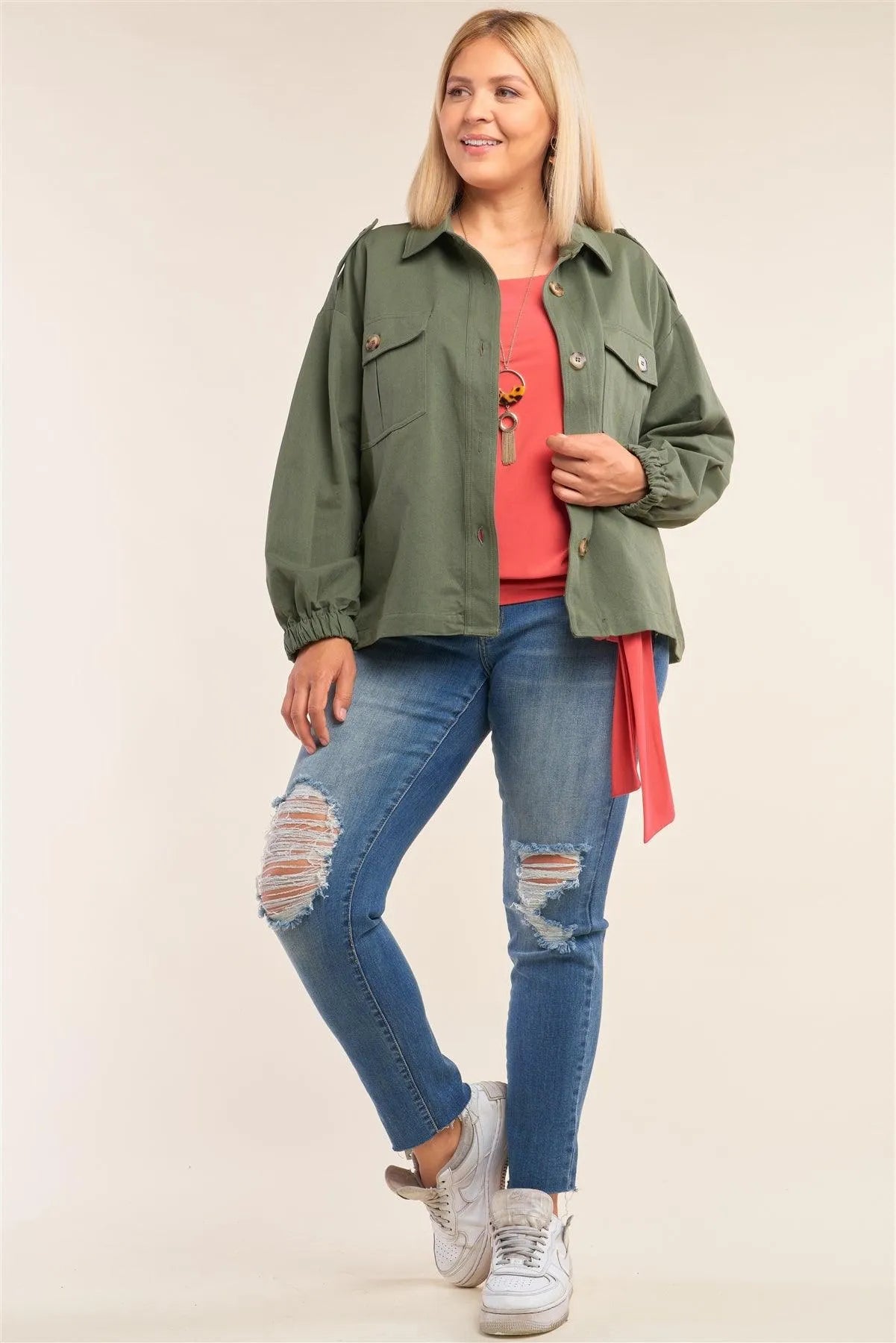 Junior Plus Size Olive Long Sleeve Tassel And Aztec Embroidery Back Trim Utility Jacket /1-2-2-1 - Tasha Apparel Wholesale