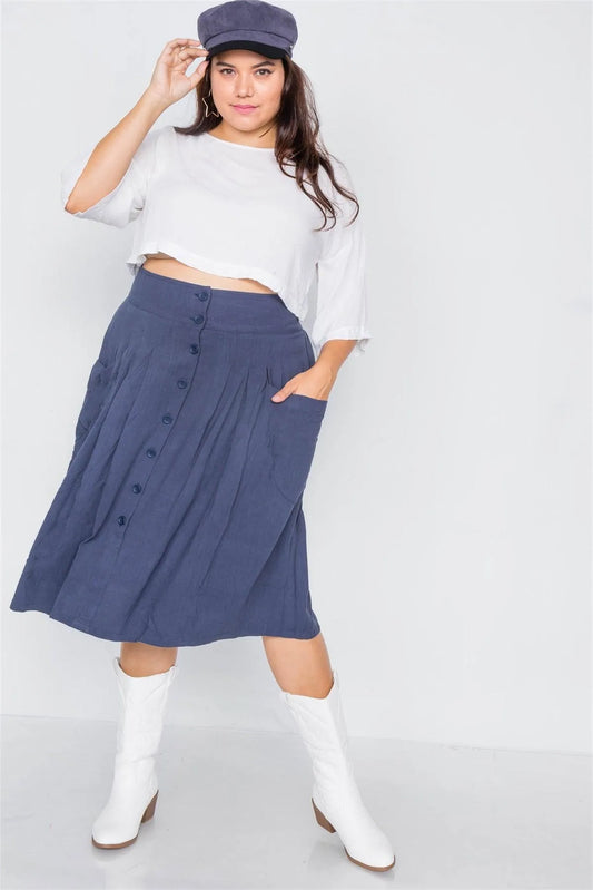 Plus Size Navy High-Waisted Flare Pleated Midi Skirt / 1-2-2-1 - Tasha Apparel Wholesale