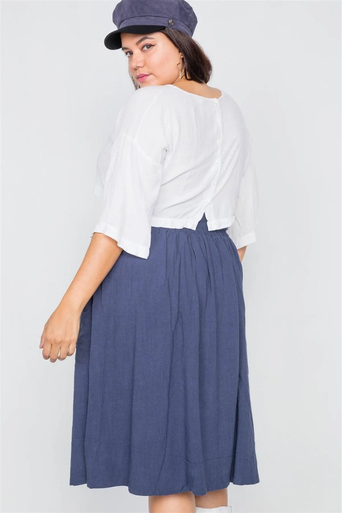 Plus Size Navy High-Waisted Flare Pleated Midi Skirt / 1-2-2-1 - Tasha Apparel Wholesale