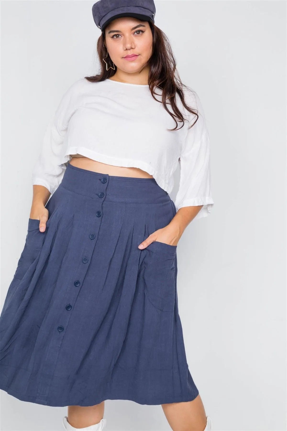 Plus Size Navy High-Waisted Flare Pleated Midi Skirt / 1-2-2-1 - Tasha Apparel Wholesale