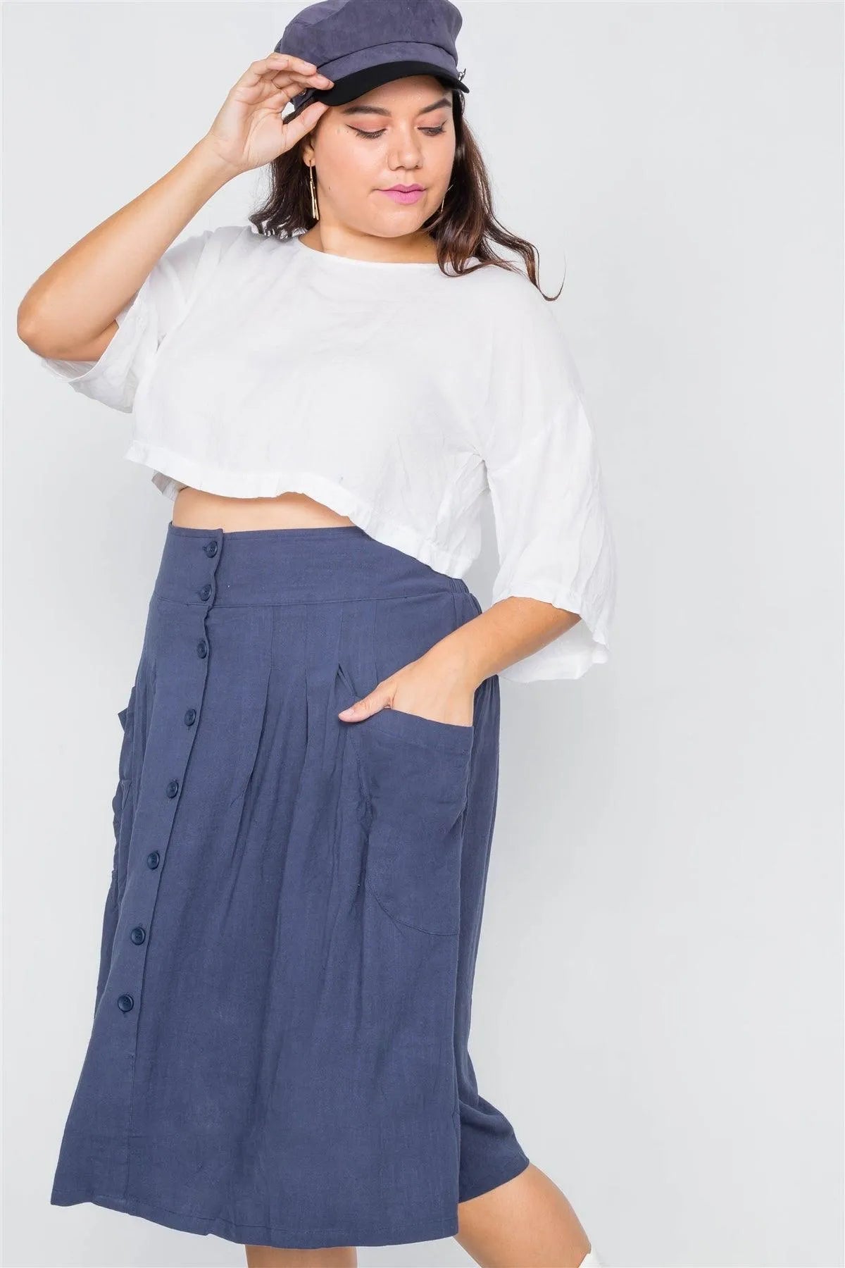 Plus Size Navy High-Waisted Flare Pleated Midi Skirt / 1-2-2-1 - Tasha Apparel Wholesale