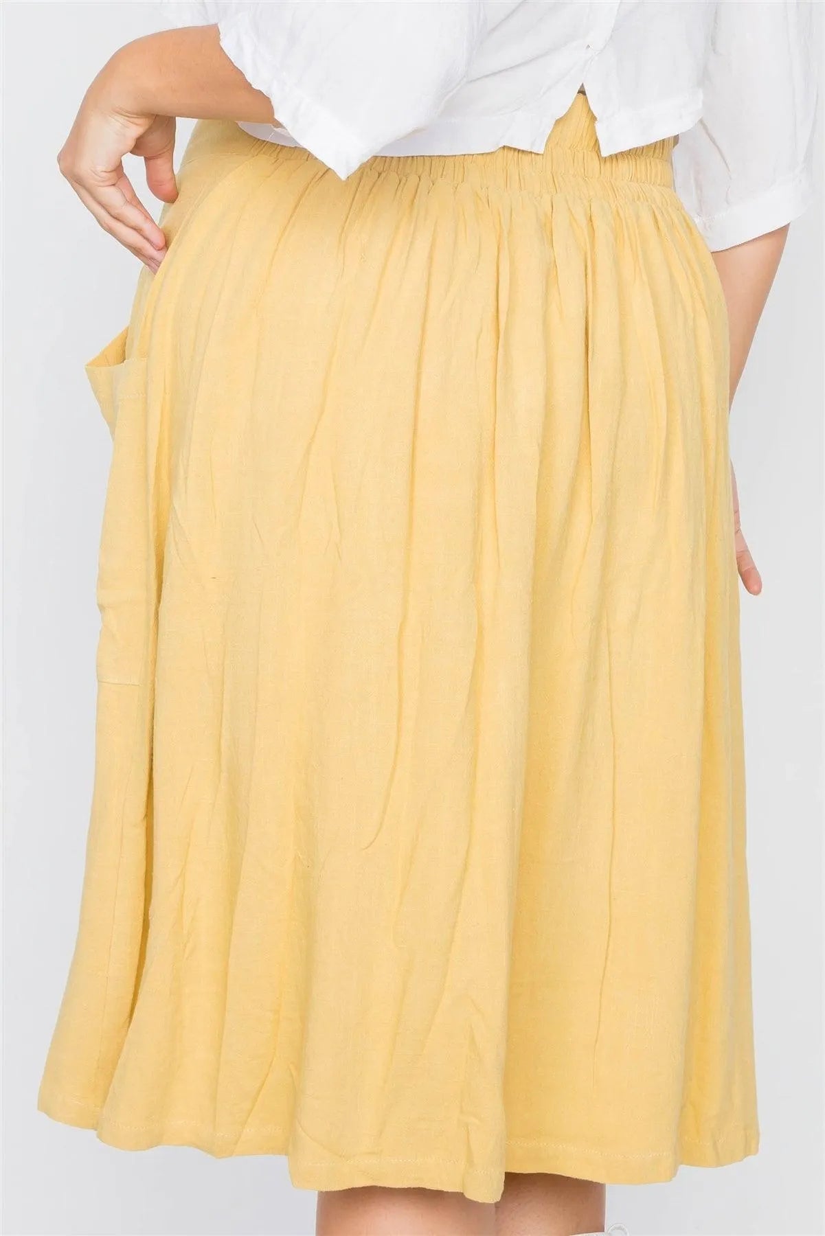 Plus Size Yellow High-Waisted Flare Pleated Midi Skirt / 1-2-2-1 - Tasha Apparel Wholesale