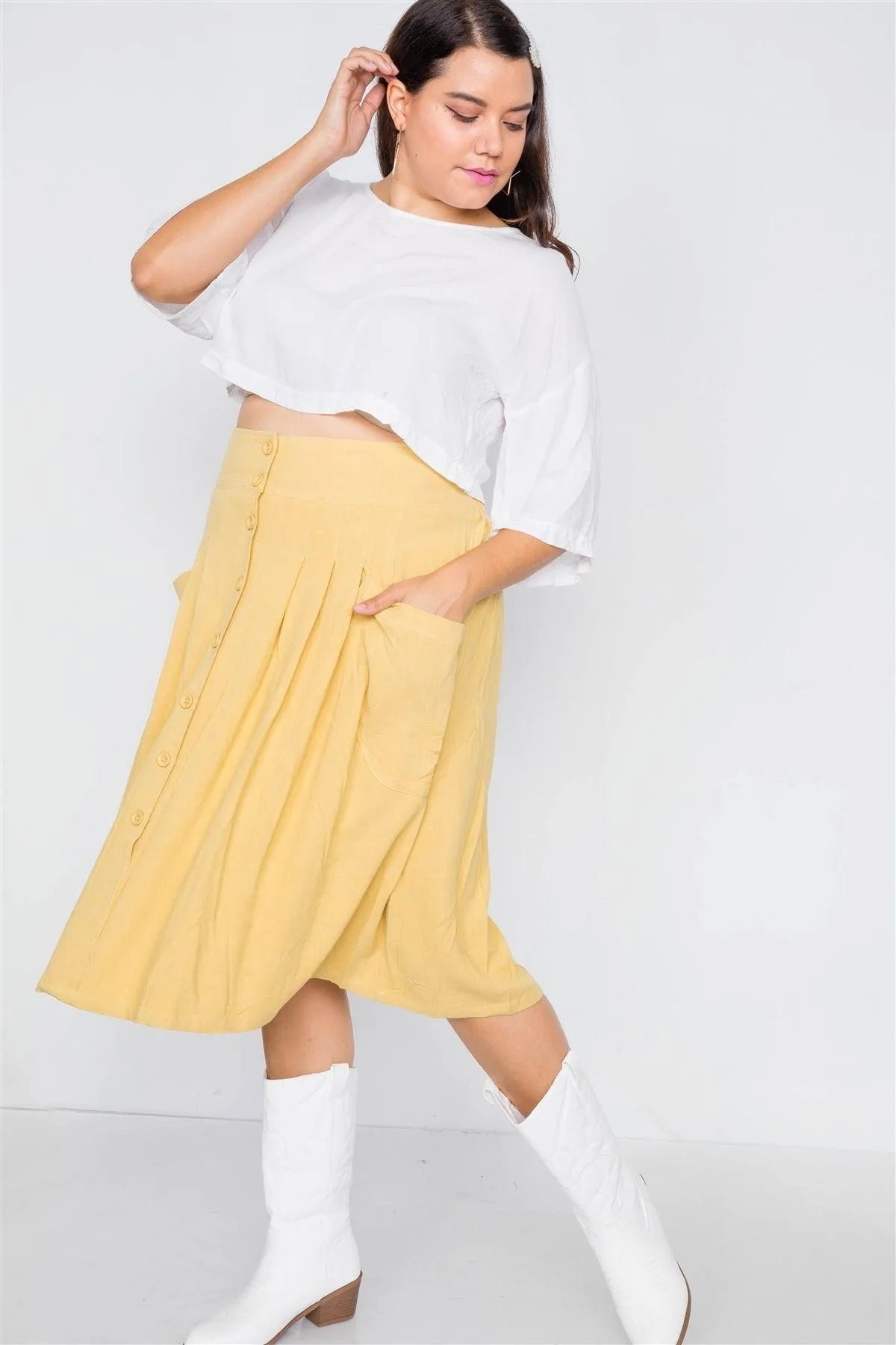 Plus Size Yellow High-Waisted Flare Pleated Midi Skirt 1-2-2-1