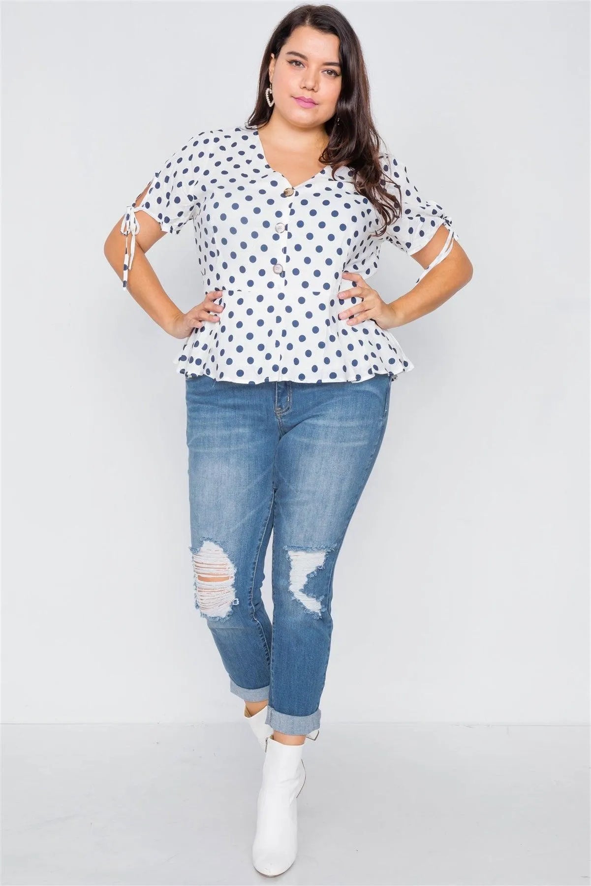 White & Navy Polkadot Flounce Peplum V-Neck Top - Tasha Apparel Wholesale