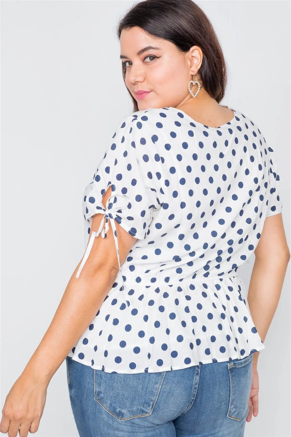White & Navy Polkadot Flounce Peplum V-Neck Top /1-2-2-1 - Tasha Apparel Wholesale
