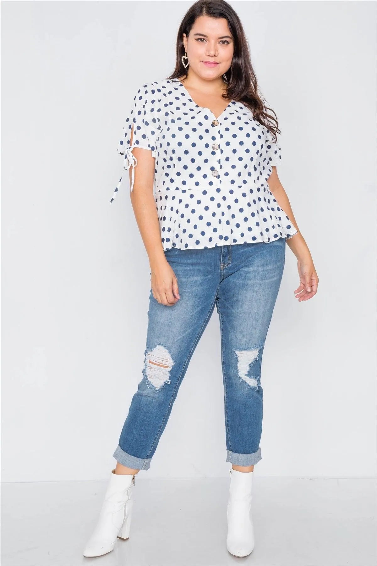 White & Navy Polkadot Flounce Peplum V-Neck Top /1-2-2-1 - Tasha Apparel Wholesale