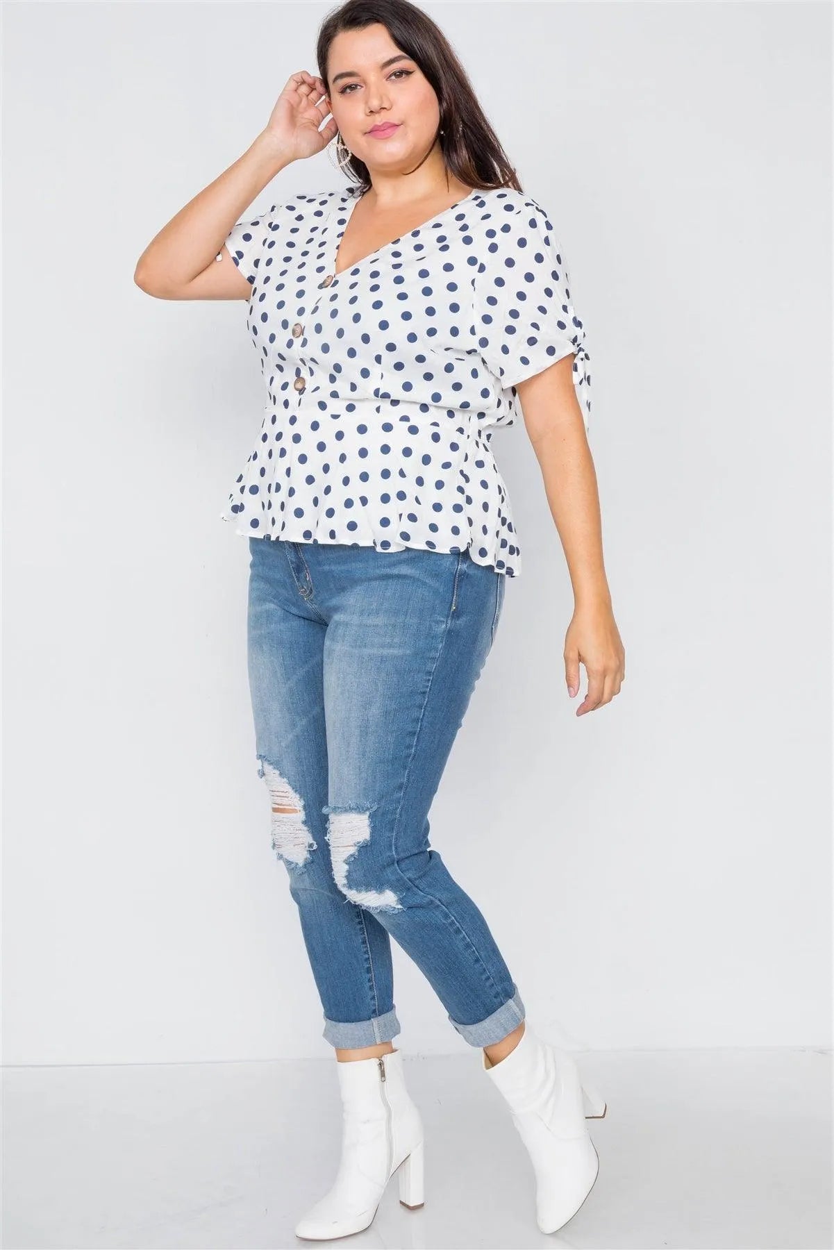 White & Navy Polkadot Flounce Peplum V-Neck Top /1-2-2-1 - Tasha Apparel Wholesale