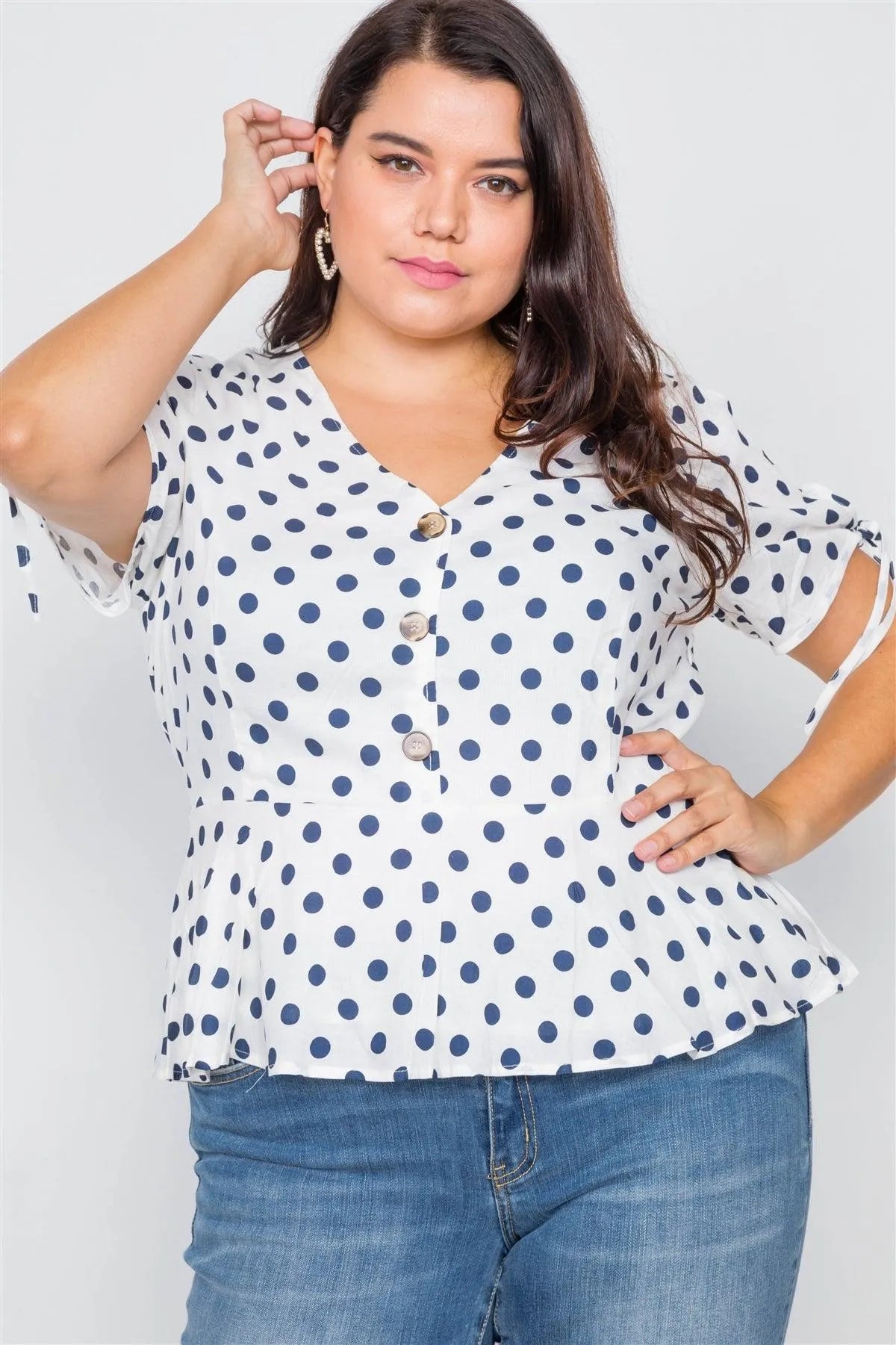 White & Navy Polkadot Flounce Peplum V-Neck Top /1-2-2-1 - Tasha Apparel Wholesale