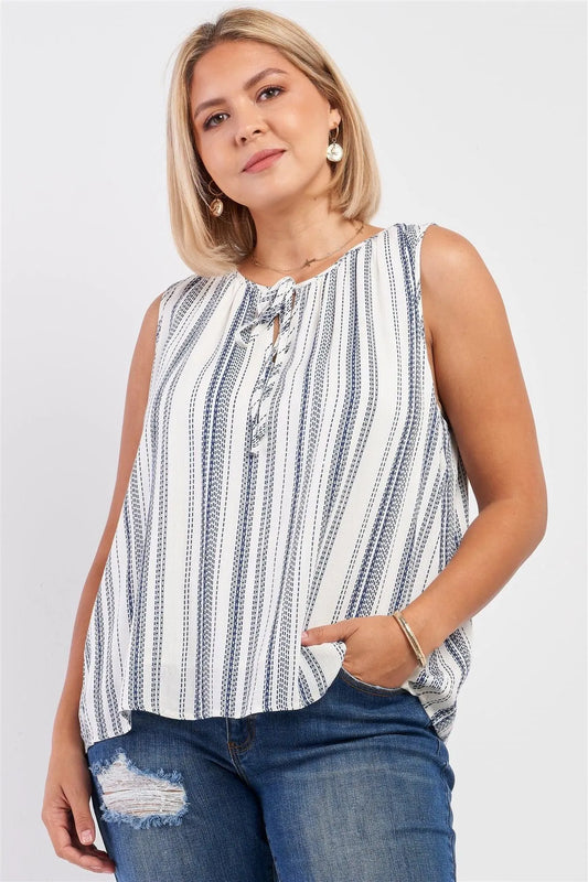 Junior Plus Navy & White Stitch Print Sleeveless Relaxed Fit Self-Tie V-Neck Top - Tasha Apparel Wholesale