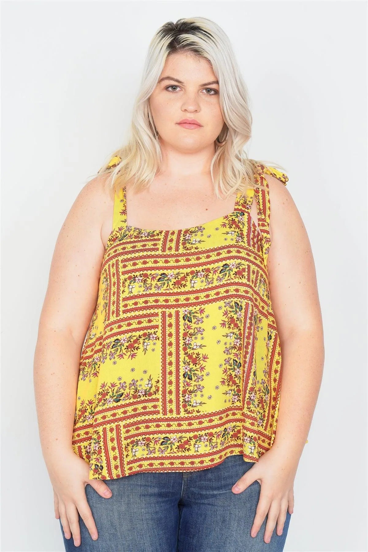 Junior Plus Size Yellow Scoop Neck Boho Floral Print Tank Top /1-2-2-1 - Tasha Apparel Wholesale