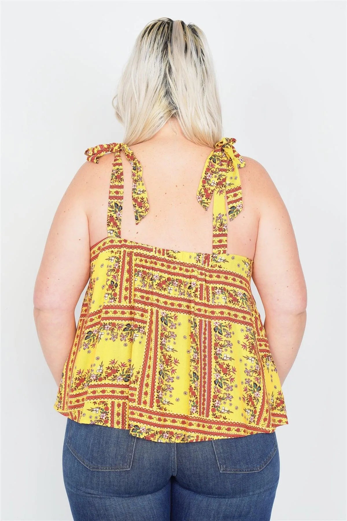 Junior Plus Size Yellow Scoop Neck Boho Floral Print Tank Top /1-2-2-1 - Tasha Apparel Wholesale