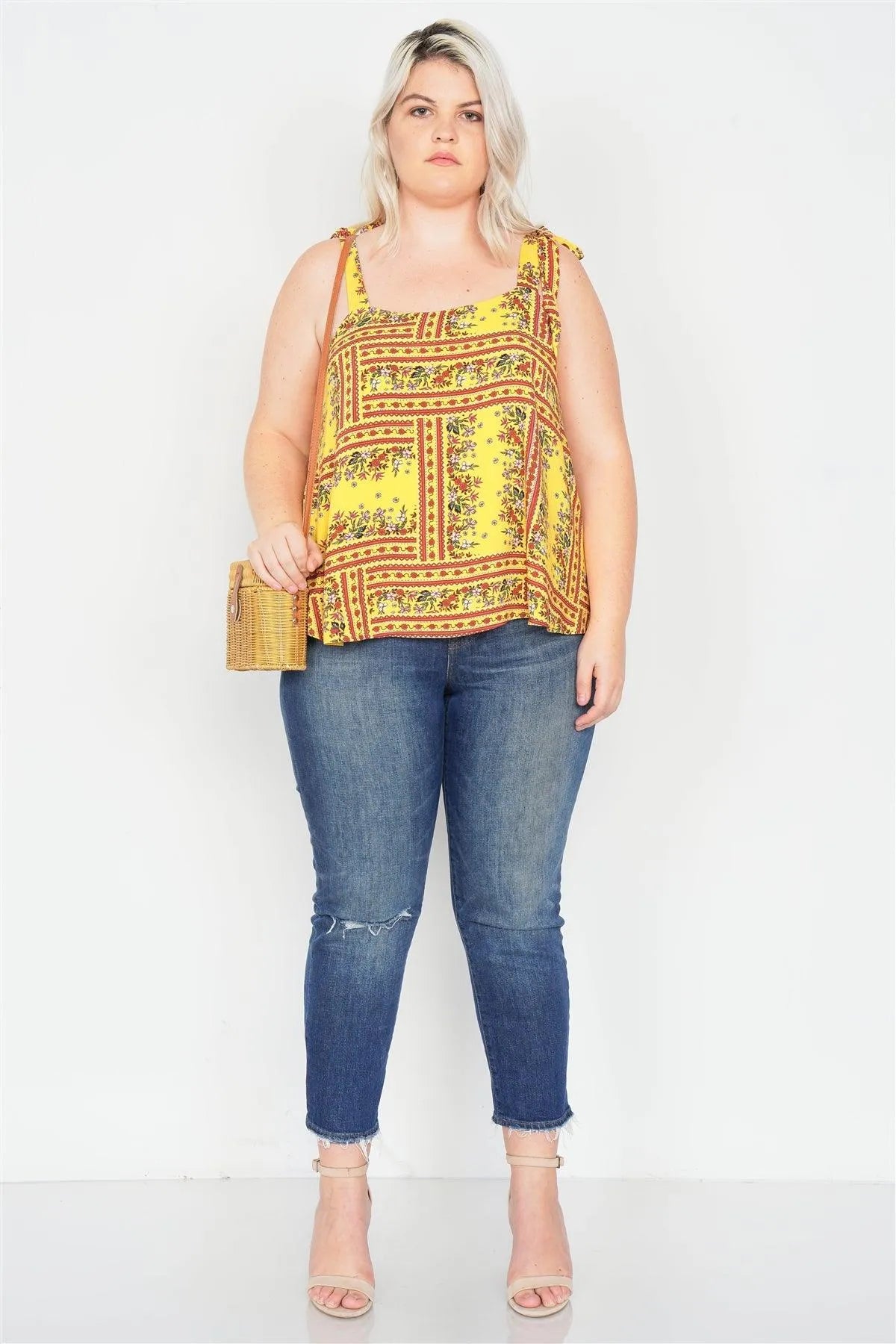 Junior Plus Size Yellow Scoop Neck Boho Floral Print Tank Top /1-2-2-1 - Tasha Apparel Wholesale