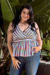 Plus Size Multi Stripe V-Neck Waist Tie Mock Peplum Top /1-2-2-1 - Tasha Apparel Wholesale