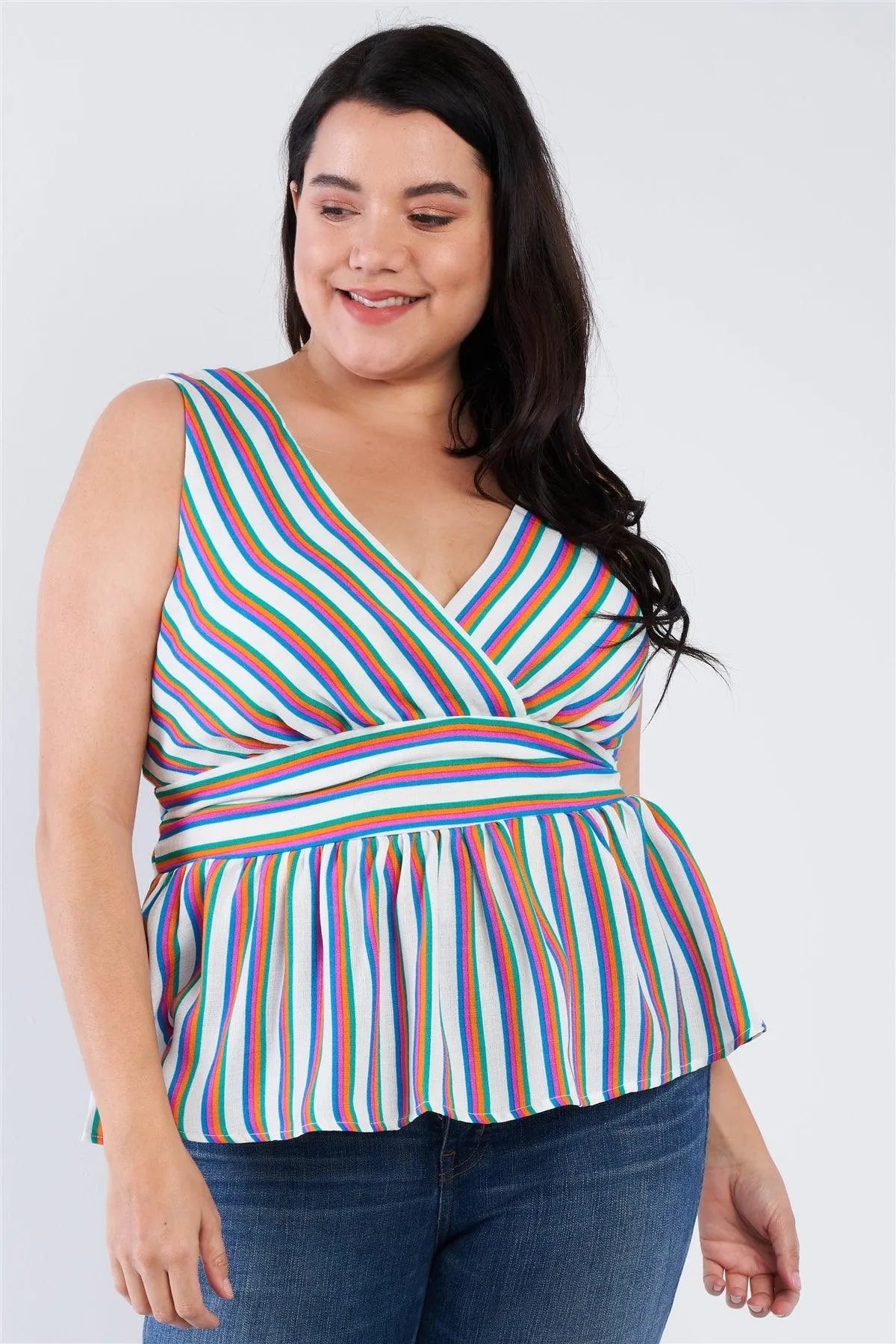 Plus Size Multi Stripe V-Neck Waist Tie Mock Peplum Top /1-2-2-1 - Tasha Apparel Wholesale