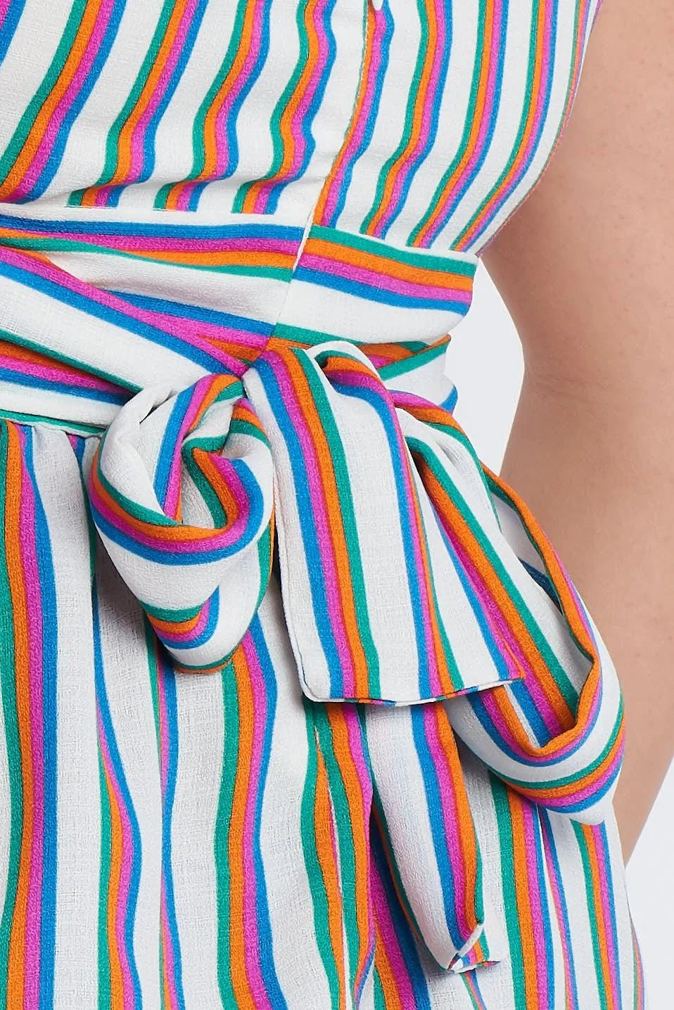 Plus Size Multi Stripe V-Neck Waist Tie Mock Peplum Top /1-2-2-1 - Tasha Apparel Wholesale