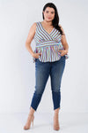 Junior Plus Size Multi Stripe V-Neck Waist Tie Mock Peplum Top /3-2-1 - Tasha Apparel Wholesale