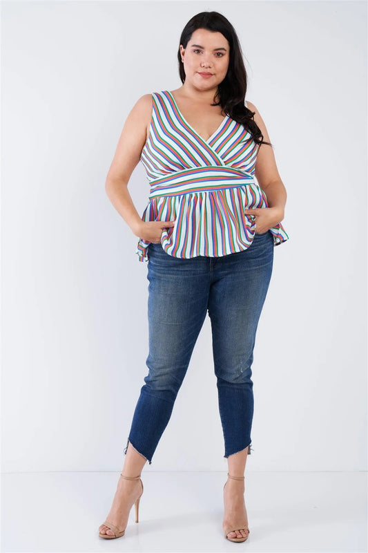Junior Plus Size Multi Stripe V-Neck Waist Tie Mock Peplum Top /3-2-1 - Tasha Apparel Wholesale